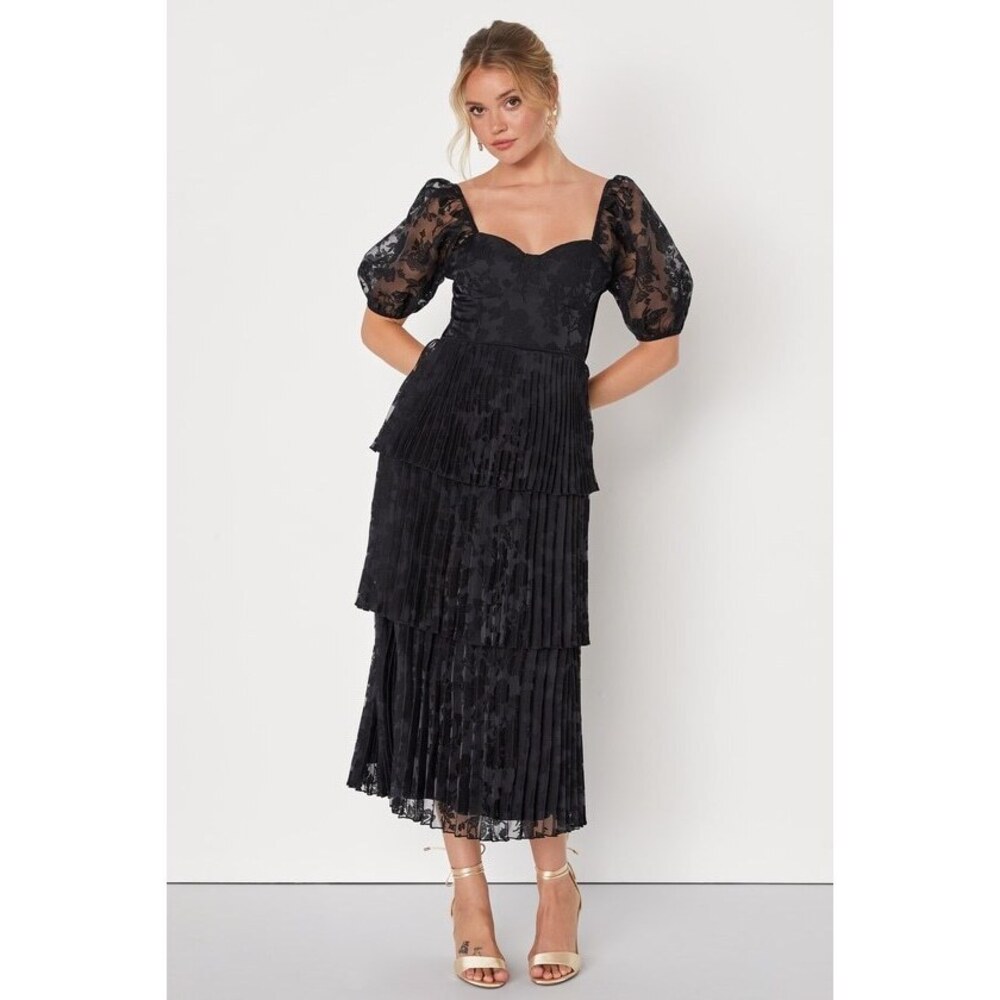Lulus Posh Delight Black Floral Jacquard Pleated Midi Dress - Size XL